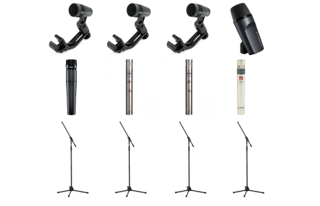 Sennheiser e604, Shure SM57, Sennheiser e602-II, AKG C451B, SE Electronics SE 1A, microfoonstatieven